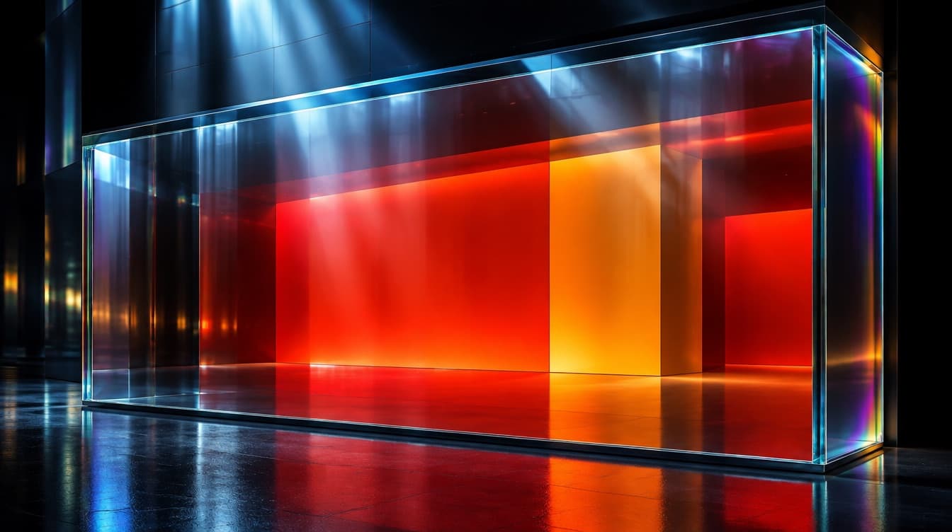 A glass storefront panel glowing with a colour-block layout, sealed behind a heavy transparent barrier with no opening in it at all