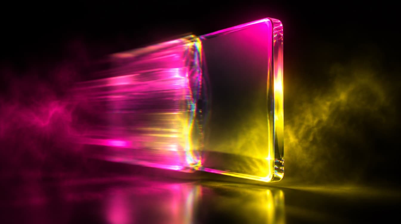 One glass panel frozen exactly mid transition, half of its composition already settled into place and half still arriving with motion blur