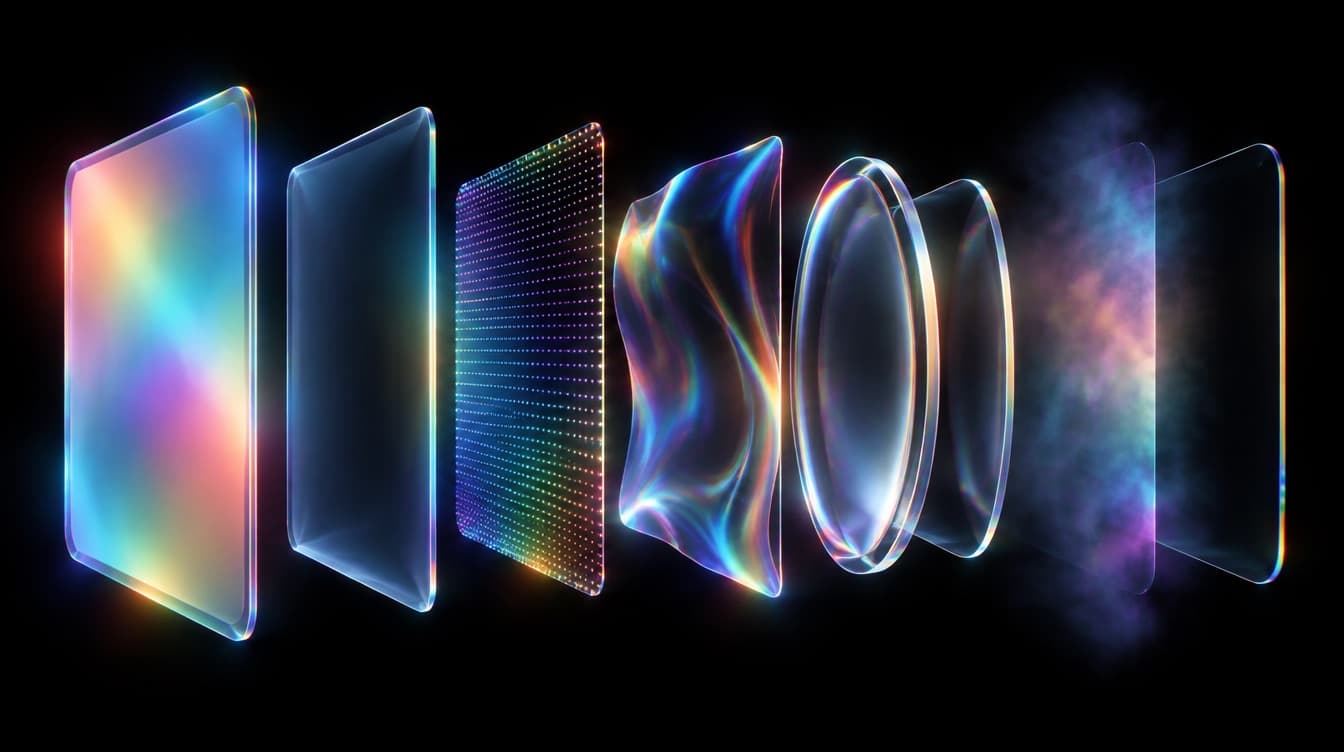 The same layered glass scene pulled apart into its separate component planes, each one floating alone and clearly readable
