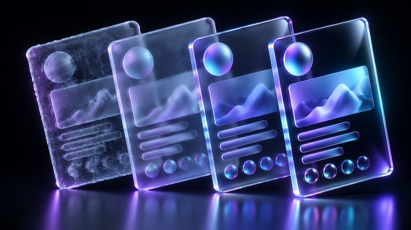 Four glass interface panels in a tight fan, each showing the same abstract layout rendered at a different level of polish