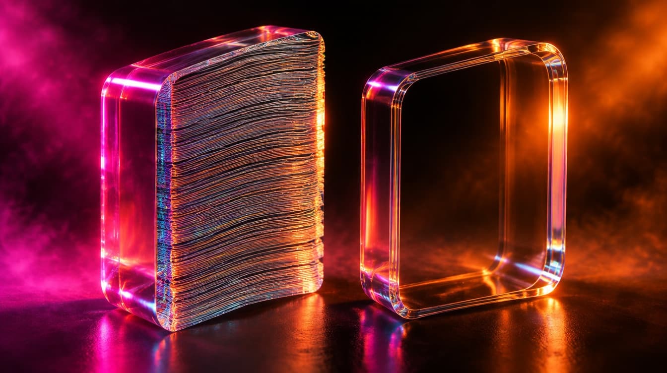 One thick glass slab cut open to reveal many fine internal strata packed tightly together, beside a slab of the same outline that is almost entirely hollow