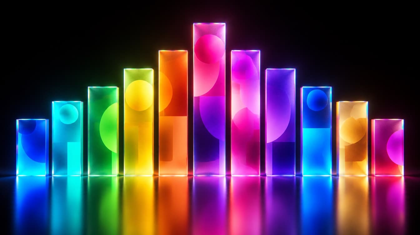Eleven frosted glass panels of different heights standing in a row like a bar chart, each holding an abstract layout, every panel a different saturated hue from blue through magenta to gold