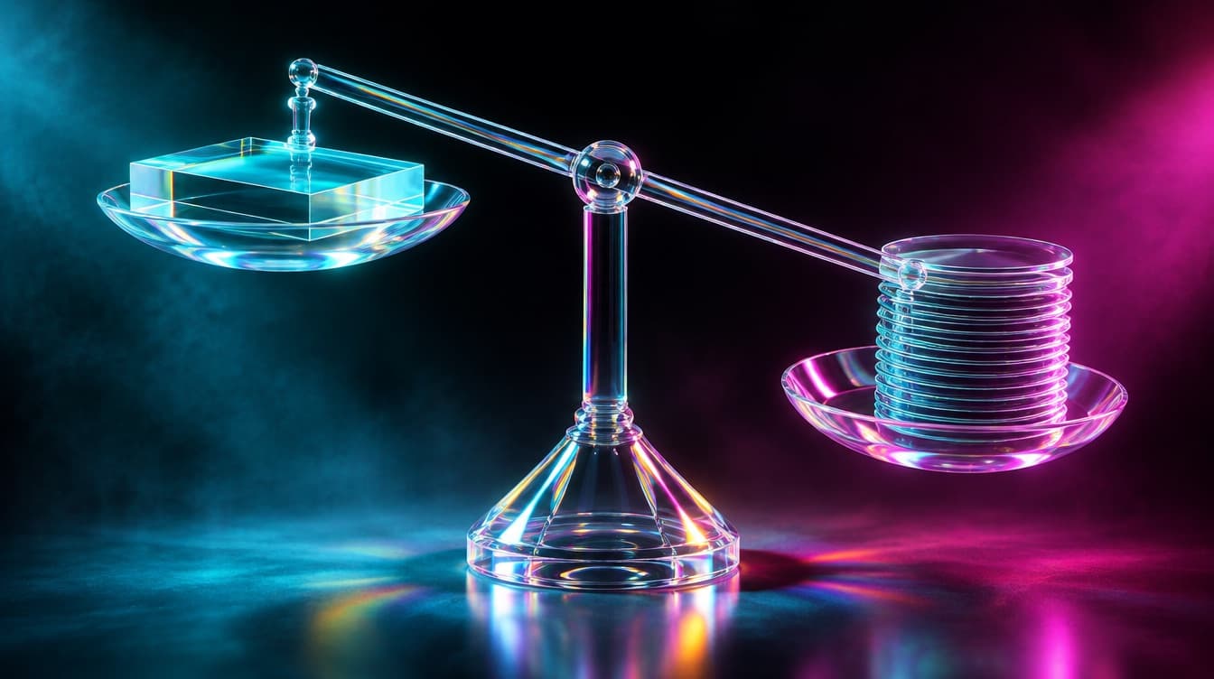 A precision glass balance with a single thick dense slab in one pan and a tall loose stack of thin wafers in the other, the beam tipping, lit cyan against magenta