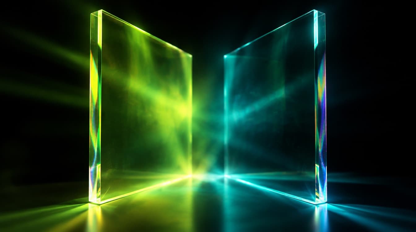 Two glass panels facing off in black space, one lit acid green and one lit deep teal, light mixing in the narrow gap between them