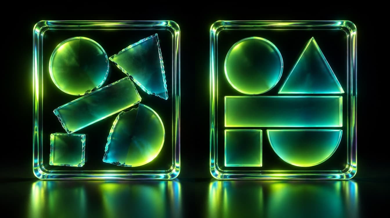 Two identical glass frames, the left holding a composition assembled at speed with rough edges, the right one built with exact alignment