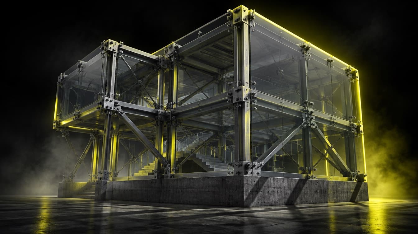 A heavy glass structure with its internal supporting framework fully exposed on the outside, every joint and beam deliberately visible