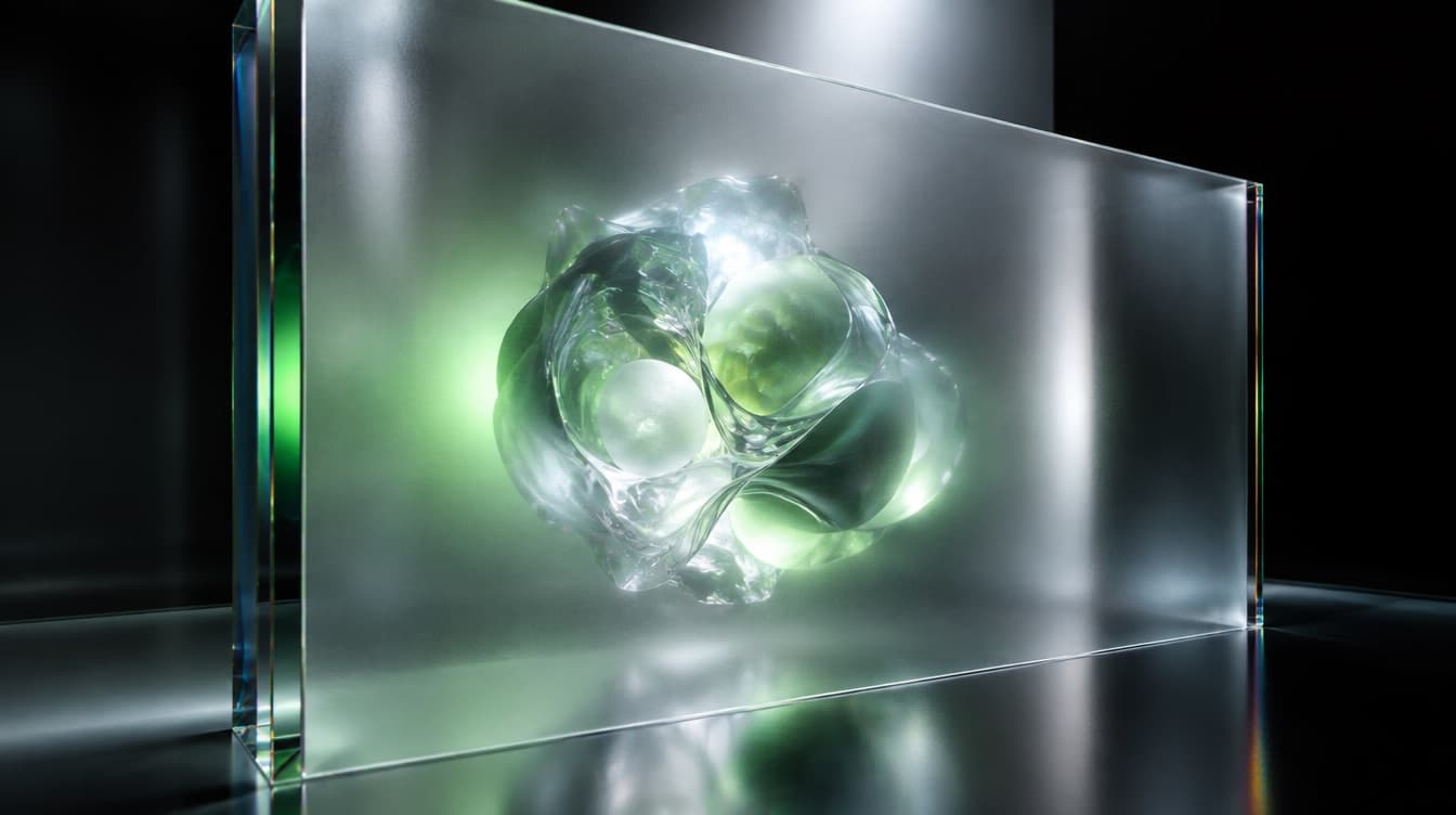 A glowing glass panel sealed behind a translucent barrier with no opening in it, a clear gap between the viewer and the composition inside