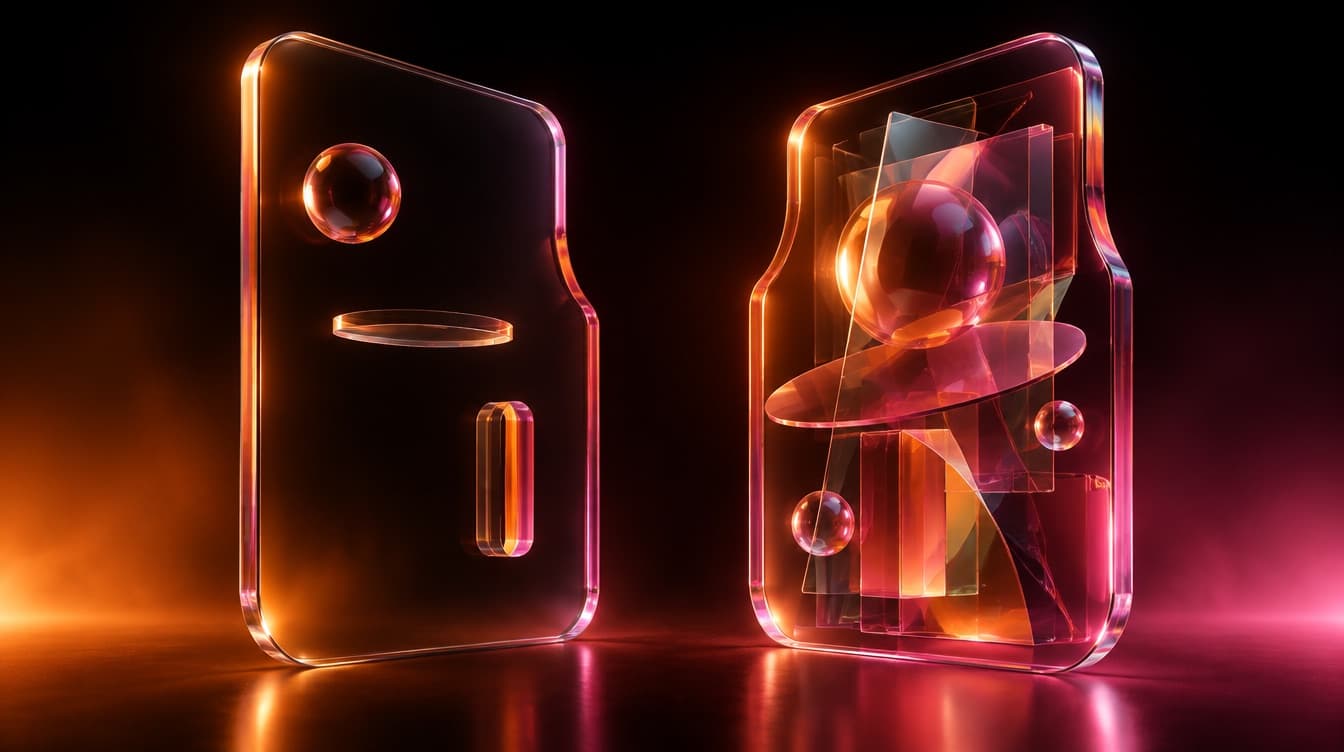 Two glass panels of the same outline, one holding a cautious sparse arrangement and the other an ambitious composition with overlapping planes