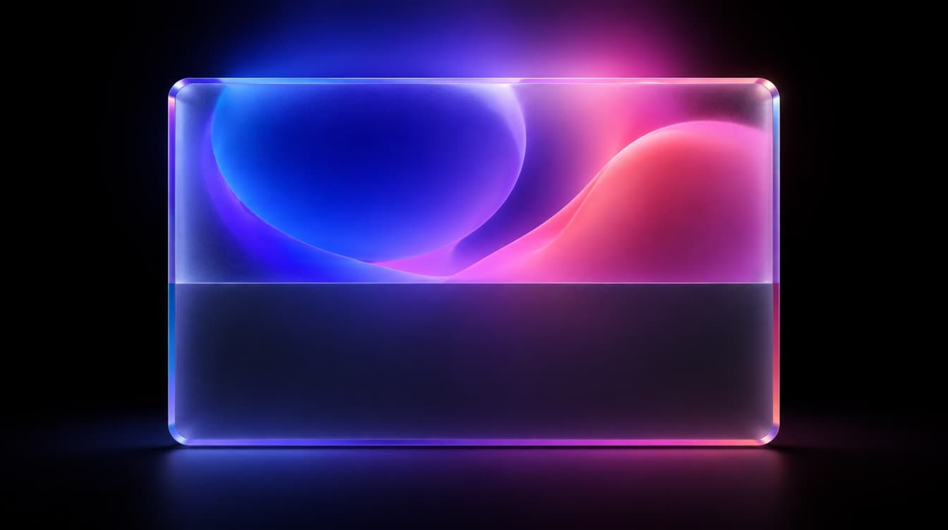 A large frosted glass panel whose upper half holds a bright saturated layout while its lower half is sealed behind an opaque darker band