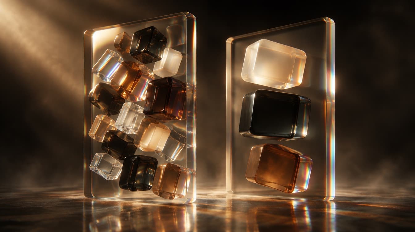 Two glass panels, the left overloaded with a dozen small blocks and the right holding exactly three generous ones