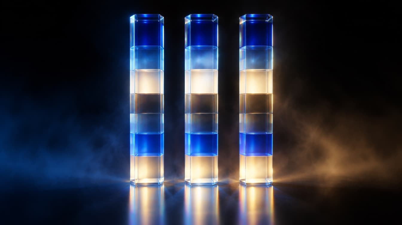 Three narrow vertical glass columns of equal measure, their stacked colour bands aligned across all three on a shared baseline grid