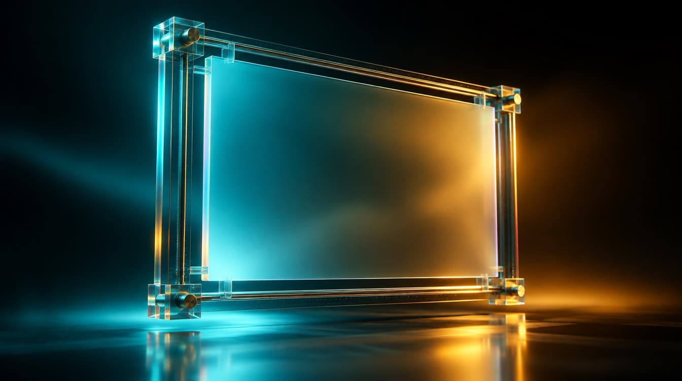 An immaculate glass canvas frame with fine adjustment rails along every edge, holding a translucent panel positioned with obvious precision