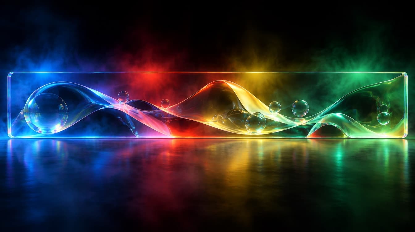 One very wide panoramic glass panel stretching the full width of the frame, holding a long continuous multicoloured composition