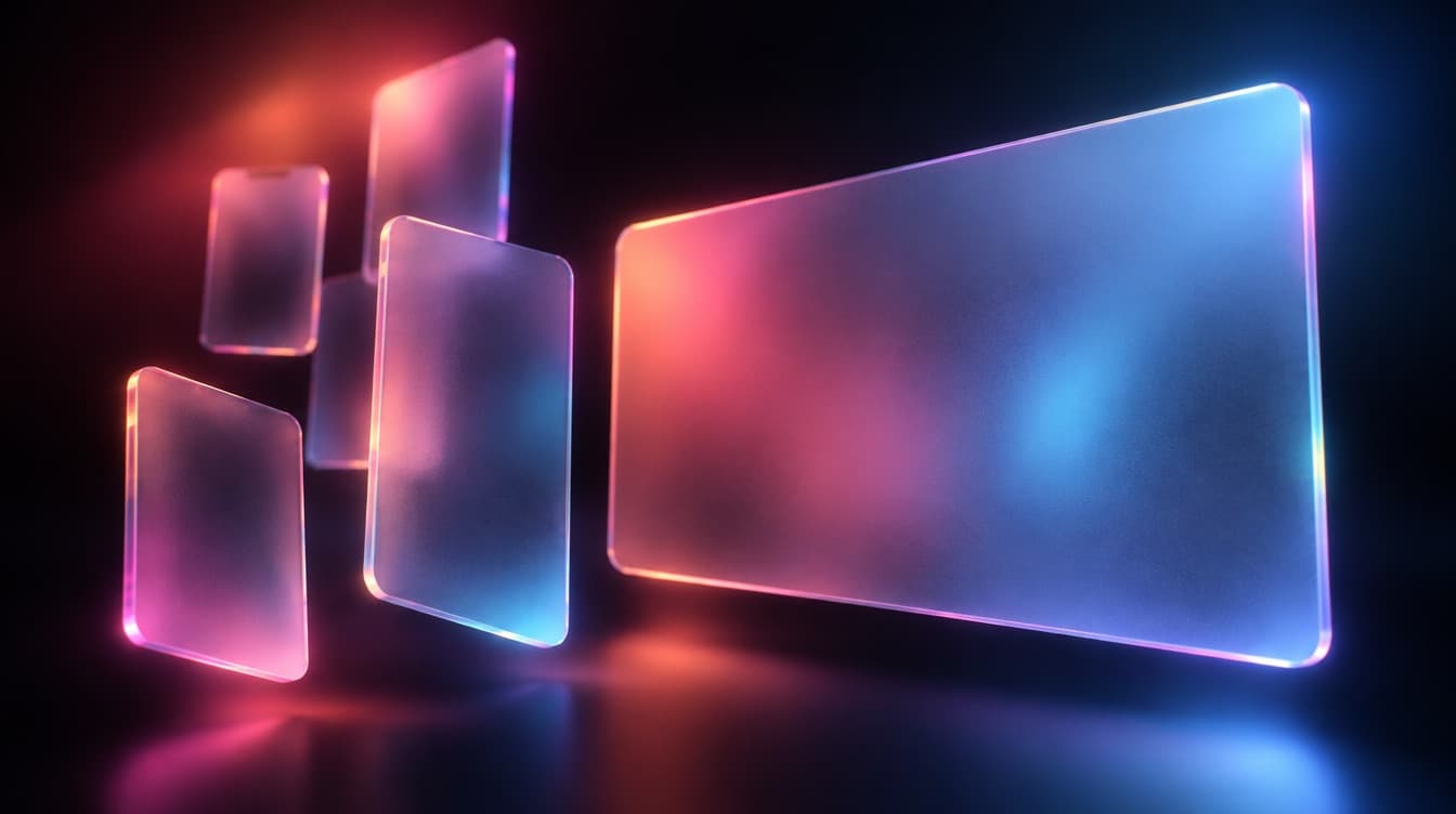 A cluster of small frosted glass panels sized for a handheld device floating at different depths, beside one much wider panel shaped for a desktop screen