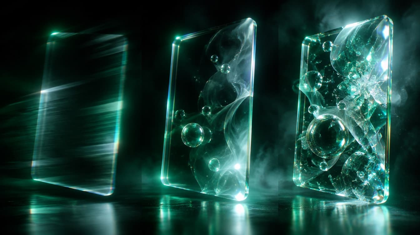 A single glass panel shown three times at increasing levels of detail, the first nearly empty and the last densely composed