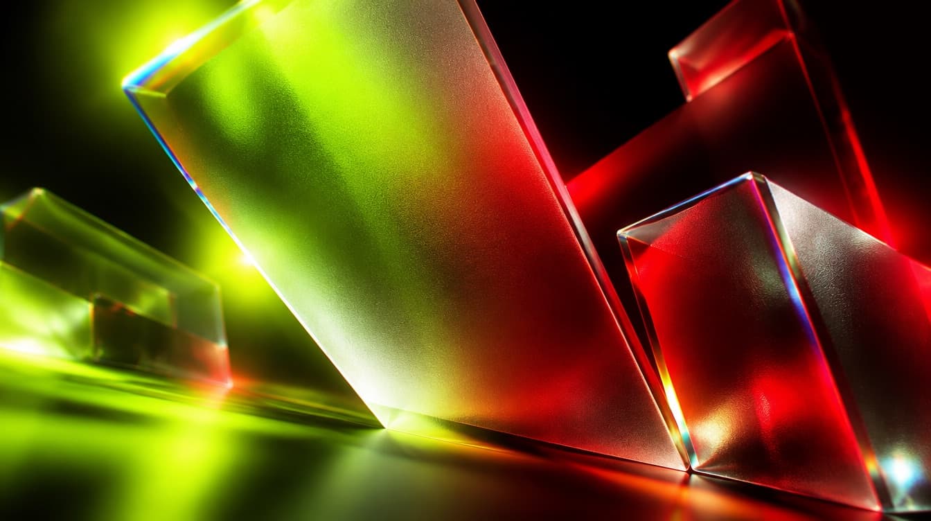 A high energy frosted glass panel with bold heavy blocks and strong diagonal motion, lit acid lime and deep crimson