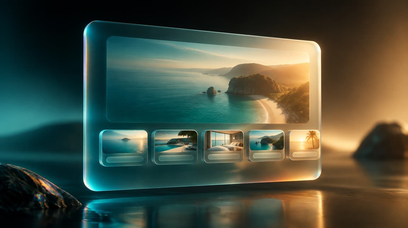 A serene frosted glass panel with one wide calm image plate and a compact horizontal band of booking blocks resting across it