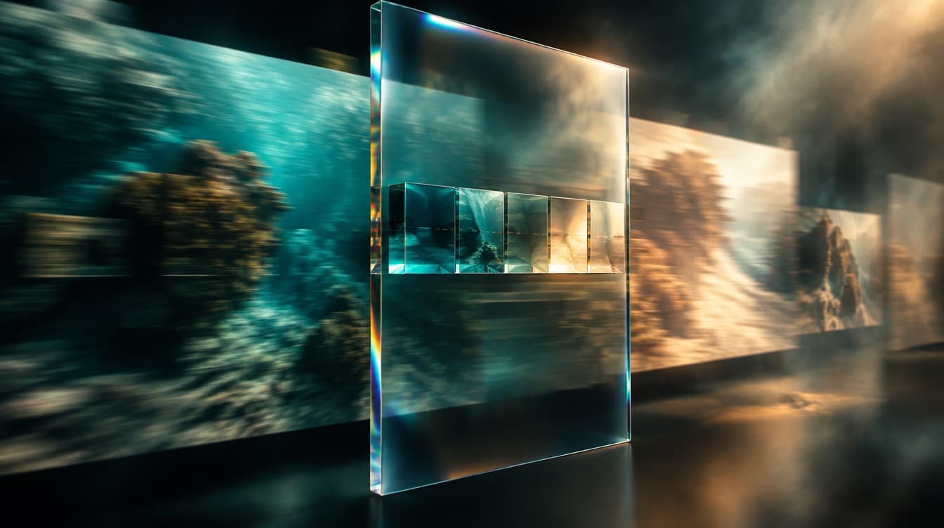 A glass panel where one compact band of blocks stays pinned in place while the large image plates behind it scroll and blur past