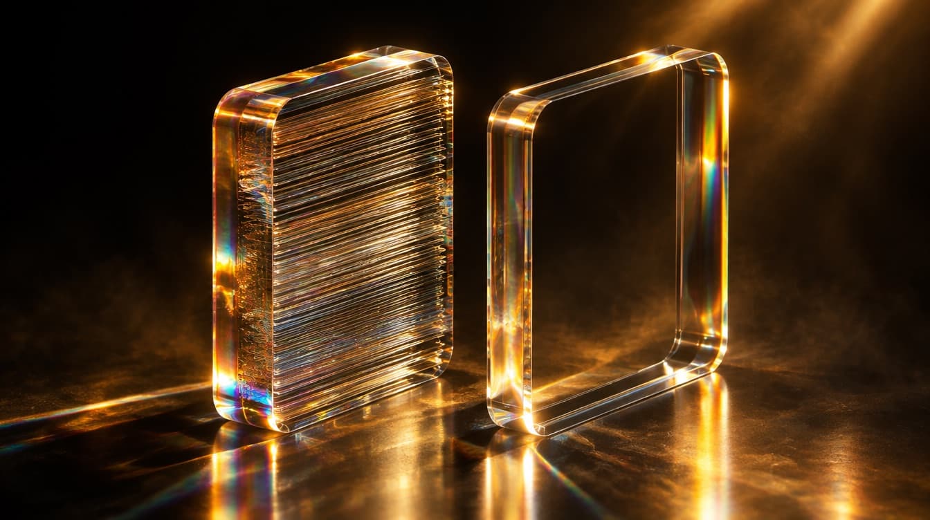 One thick glass slab cut open to reveal fine internal strata packed tightly together, beside a slab of the identical outline that is almost entirely hollow