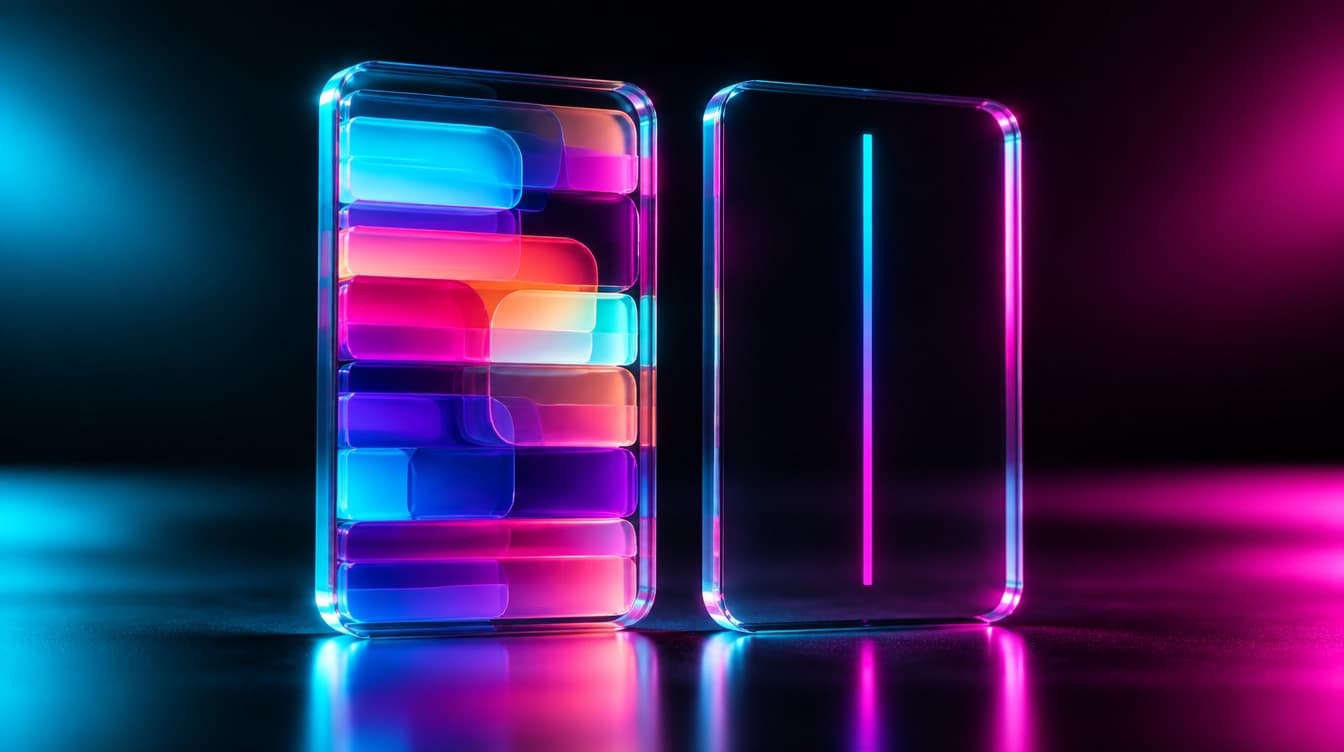 Two glass panels of identical outline, the left packed edge to edge with dense layered colour blocks, the right holding a single thin stripe