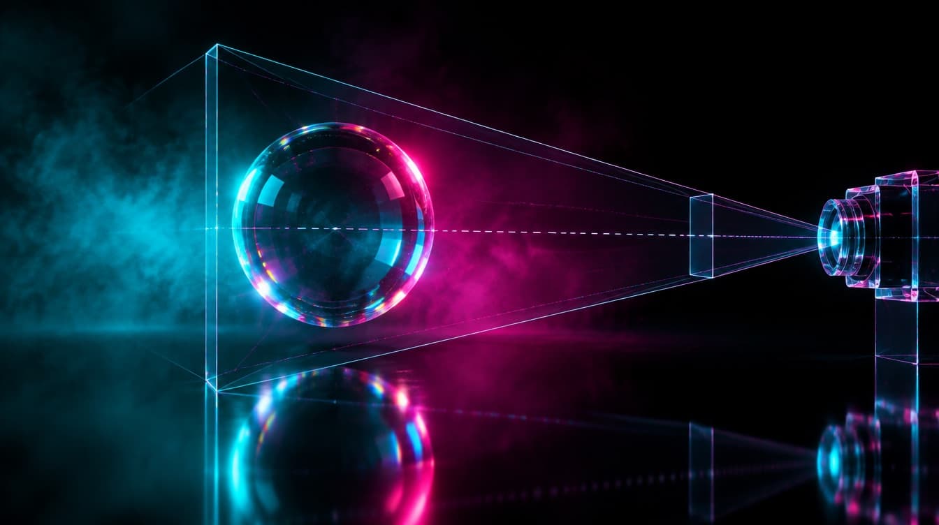 A single glass sphere floating above a reflective black plane with a precise glass camera frustum aimed at it from the side, construction lines visible