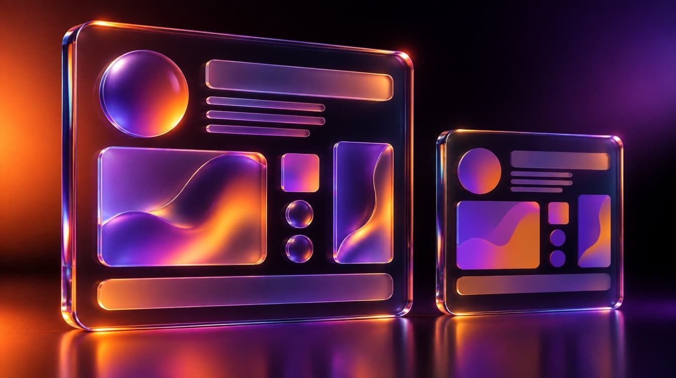 One large glass panel holding an abstract layout beside a smaller panel showing the same layout rebuilt in simpler blocks, lit orange and purple
