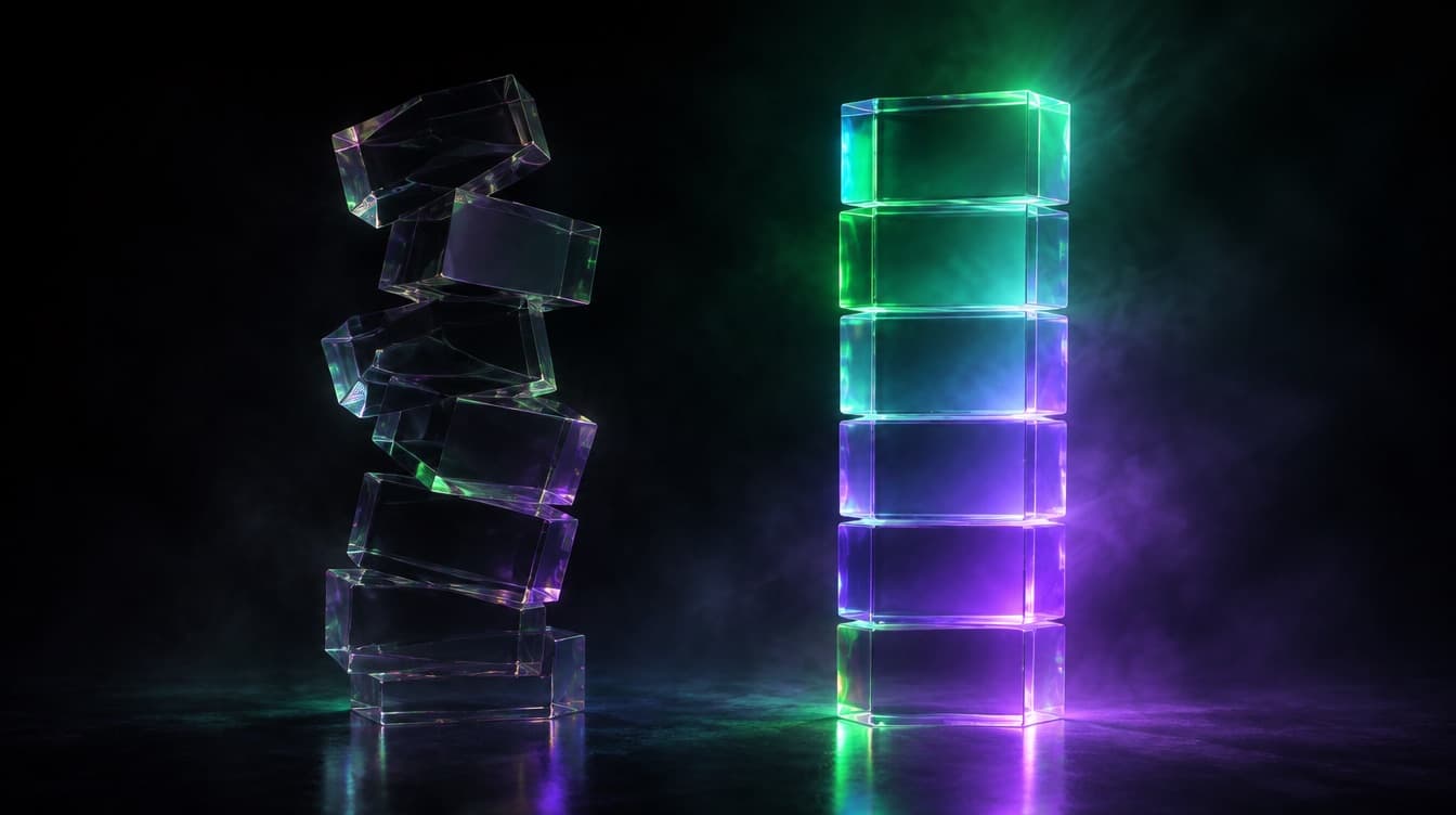 Two vertical stacks of glass sections, the left scrambled out of sequence and tilting, the right in clean deliberate order