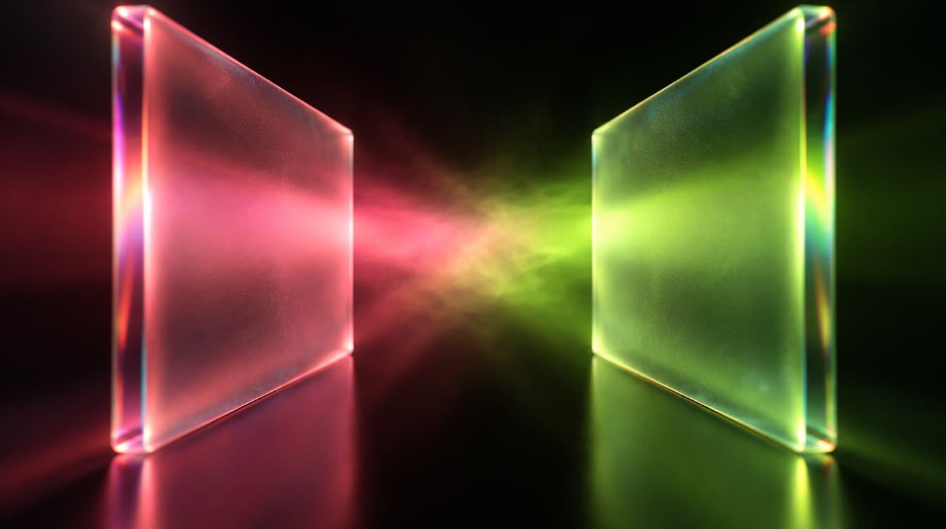 Two large frosted glass panels facing each other across a narrow gap, one lit rose and one lit acid green, their beams mixing between them