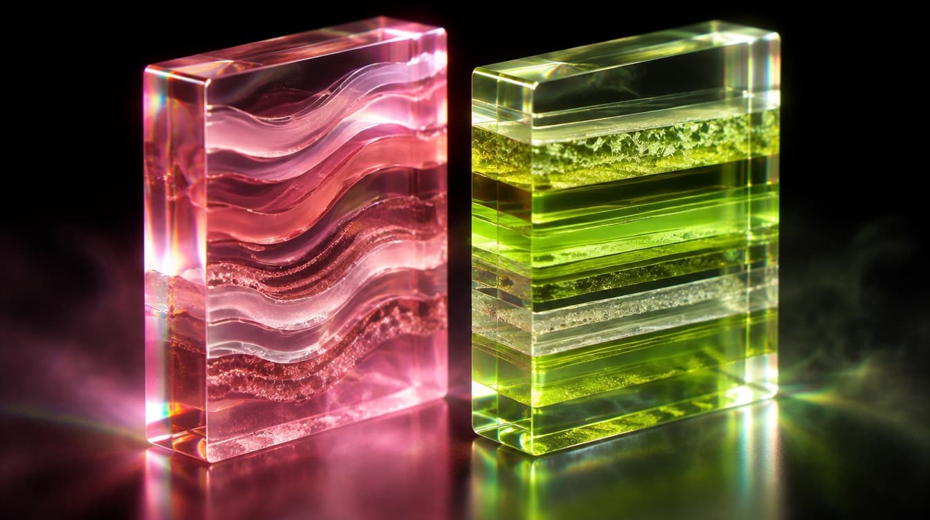 Two glass slabs cut open side by side revealing their internal strata, one rose and one acid green, the layer patterns clearly different
