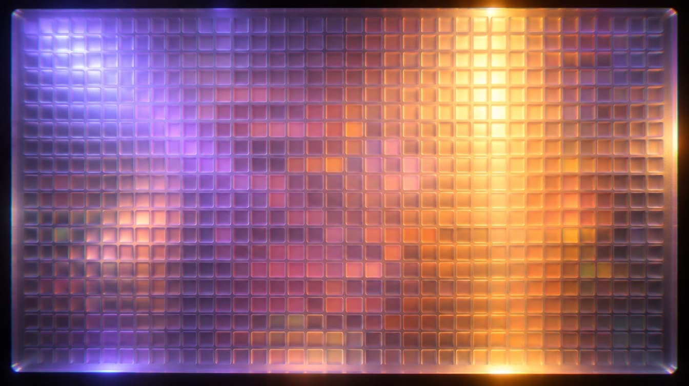 An enormous frosted glass panel subdivided into hundreds of tiny identical cells, each a faint colour swatch, lit violet and amber from behind