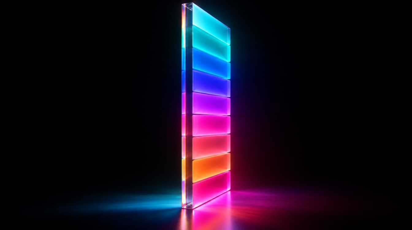 A tall glass slab seen edge on, nine distinct internal layers of saturated colour stacked inside it, lit cyan through hot pink from within