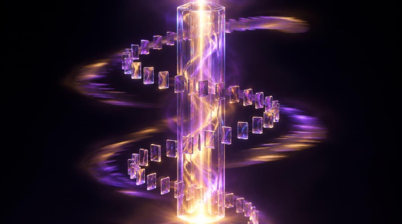 A tall glass column lit from inside with many small identical glass cards orbiting it in a slow spiral, the outer ones trailing motion blur