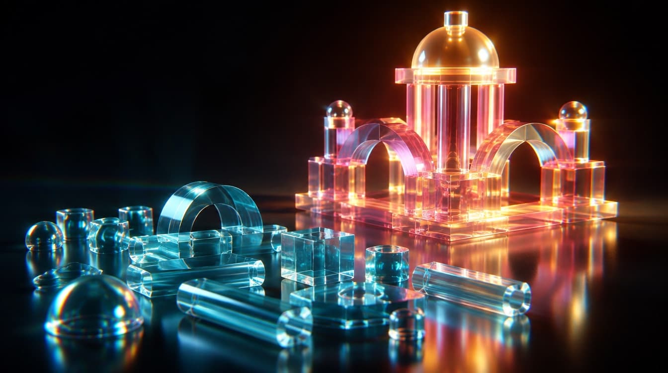 Loose translucent glass components lying scattered and unassembled in the foreground with a finished structure built from the identical pieces standing lit behind them