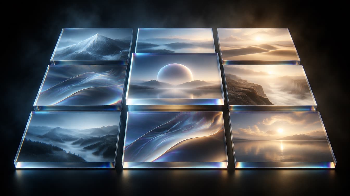 A precise glass grid of large image plates at a strict shared aspect ratio, all exactly aligned, one slightly raised