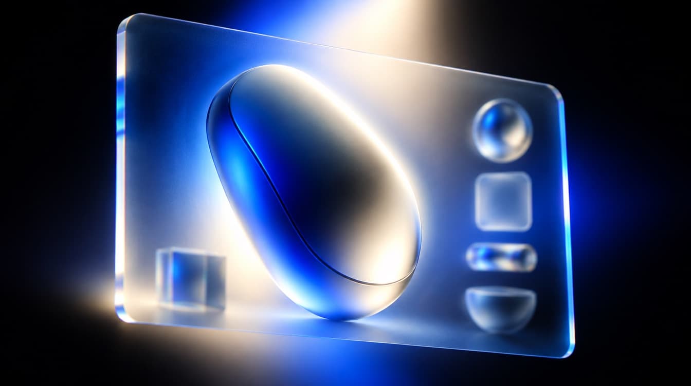 A clean frosted glass panel holding a decisive abstract product layout, one bold element dominating and everything else subordinate to it