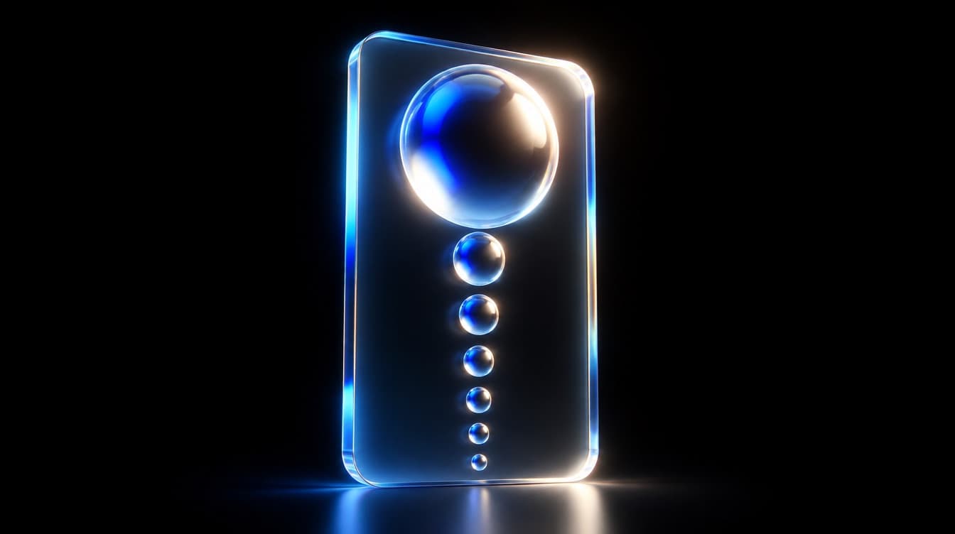 A glass panel with a single dominant element at the top and a tight ladder of smaller elements descending beneath it in strict proportion