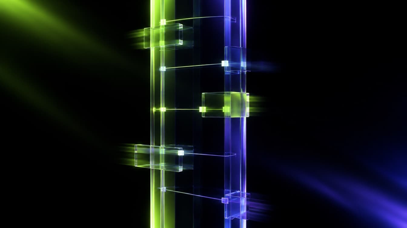A tall glass column with horizontal trigger lines marked along it at uneven intervals, small panels beginning to move as they cross each line