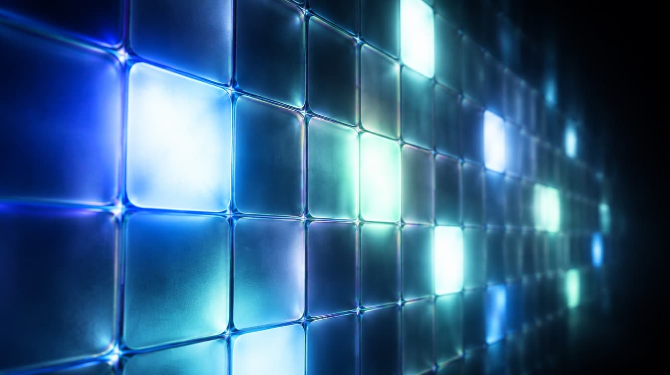 A dense wall of frosted glass panels in a tight grid, several glowing brightly and the rest dim, lit deep blue and pale mint