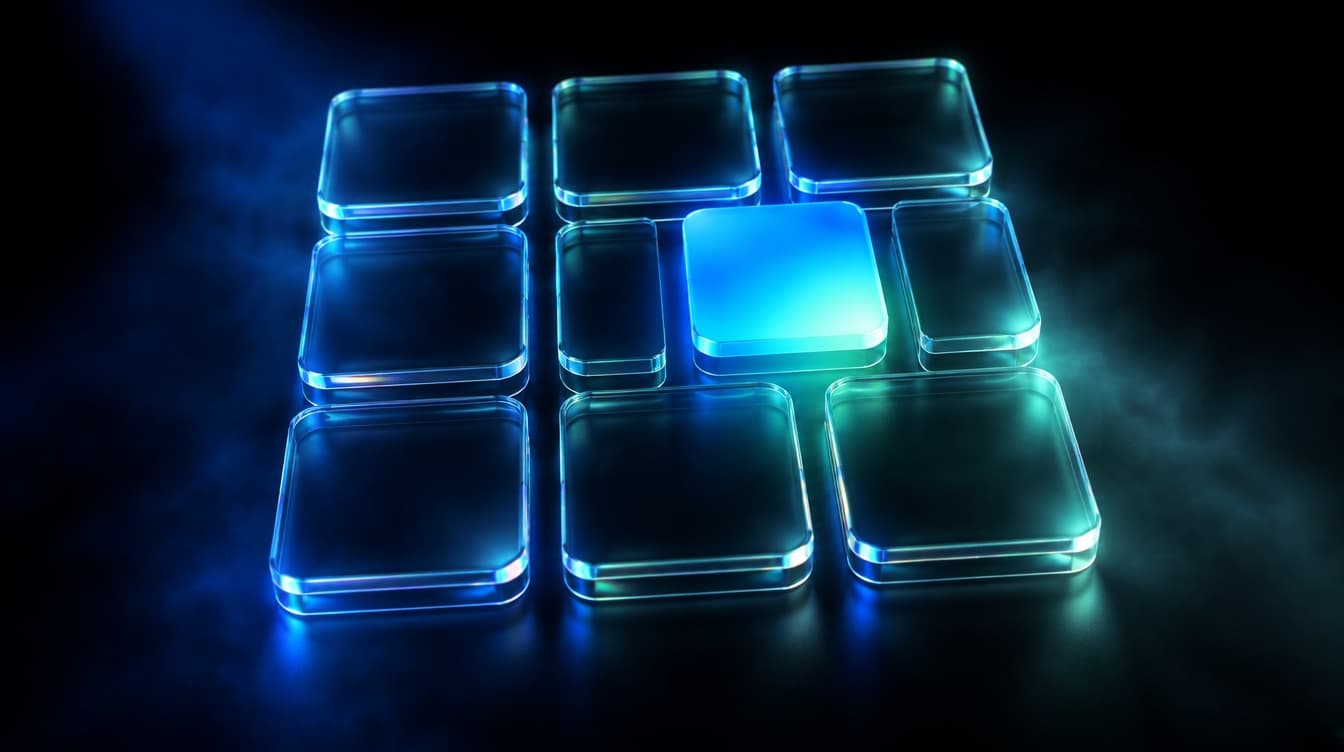 A grid of glass tiles where every tile carries a clear definition outline but only one carries a filled saturated value inside it