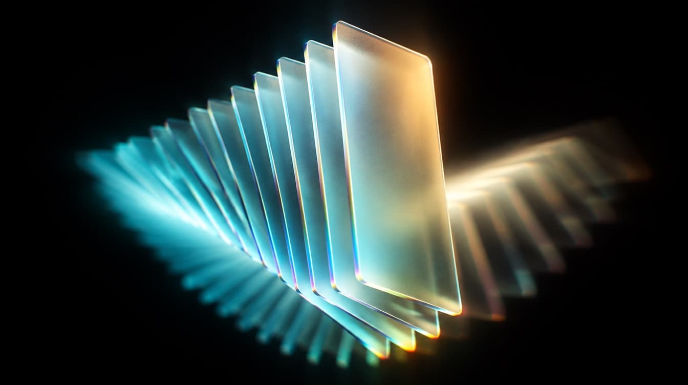 A tall stack of frosted glass panels fanning out across black space, all of them competent and all of them alike, lit cyan and pale amber