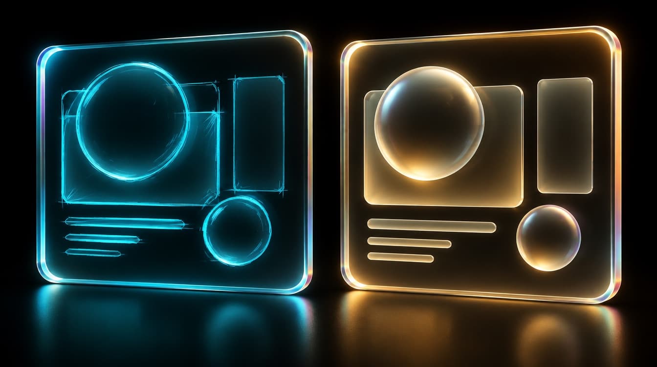 Two glass panels of identical outline, the left holding a fast rough composition and the right the same composition resolved with exact spacing