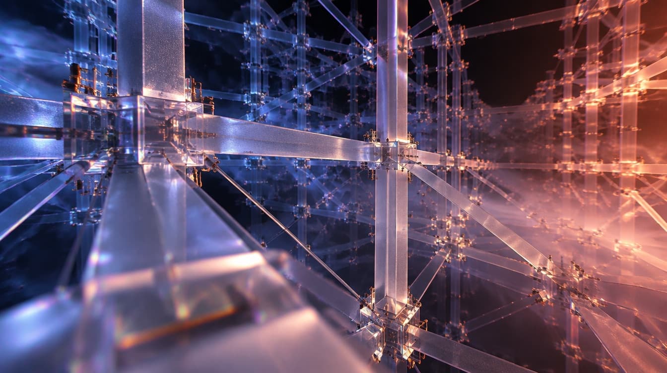 A vast architectural lattice of frosted glass receding deep into black space, intricate, with countless structural members and joints