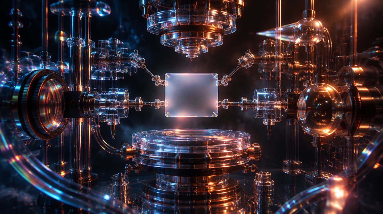 An elaborate glass framework of precise controls surrounding one small blank translucent panel, the machinery dwarfing the thing it holds