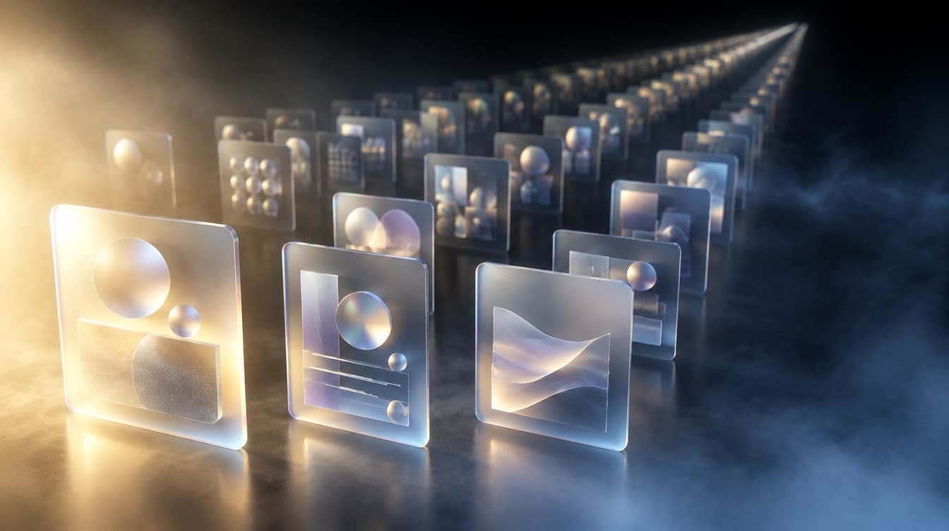 Many small frosted glass cards in a long orderly catalogue running deep into black space, a few near the front fully lit