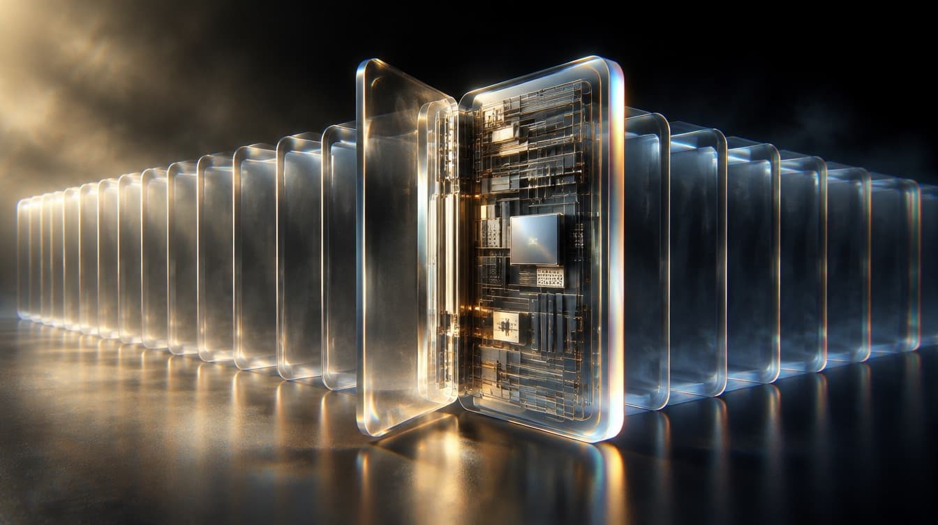 A long row of nearly identical glass cards with one pulled forward and opened to reveal the dense internal specification inside it
