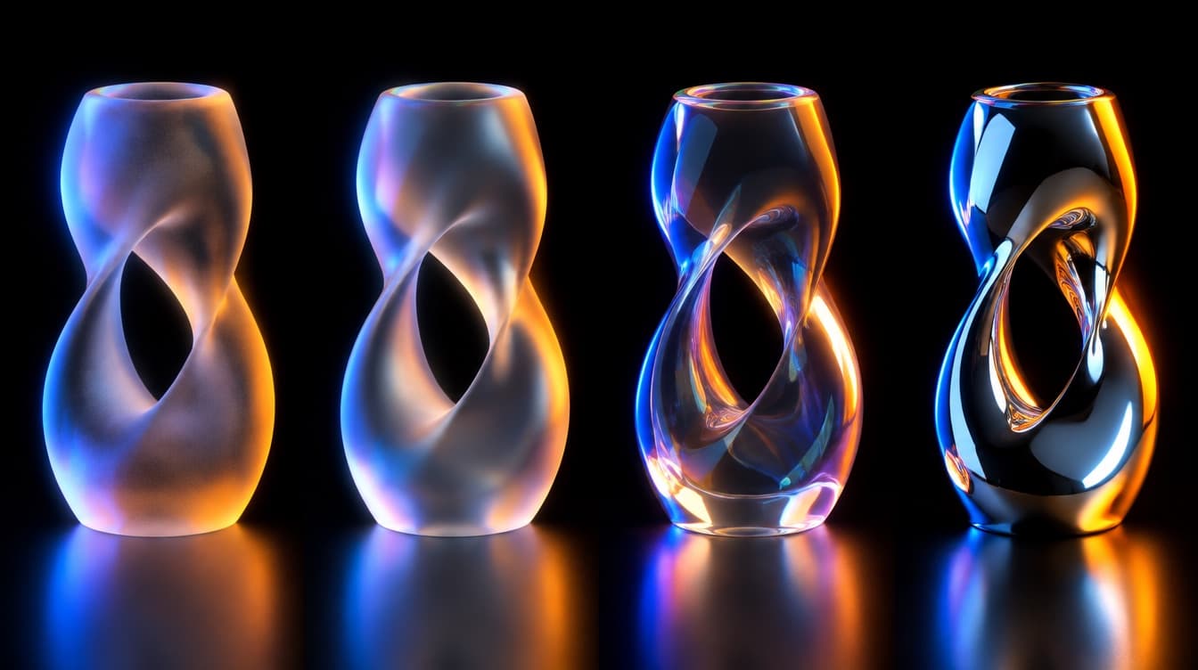 The same glass object shown four times across the frame with four visibly different surface treatments, from matte through satin to full mirror polish