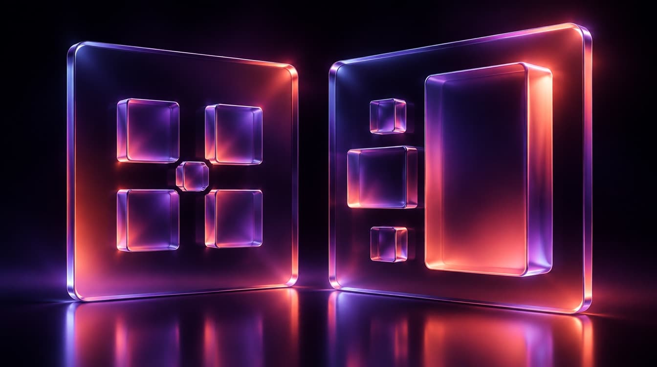Two glass panels, the left a timid symmetrical arrangement of equal blocks and the right an assured asymmetric composition with one element far larger