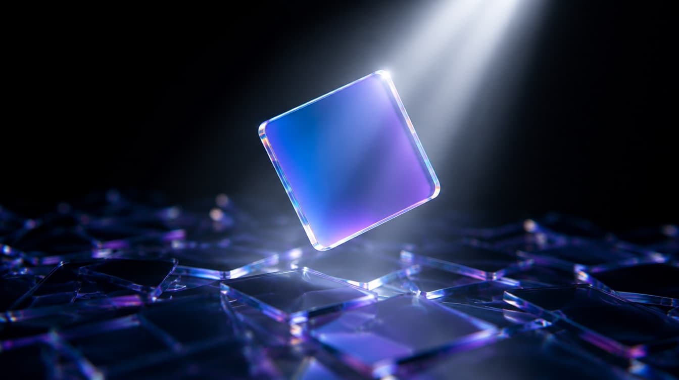A single blue and purple gradient glass panel lifted out of a dim heap of identical ones and held under a hard white inspection beam
