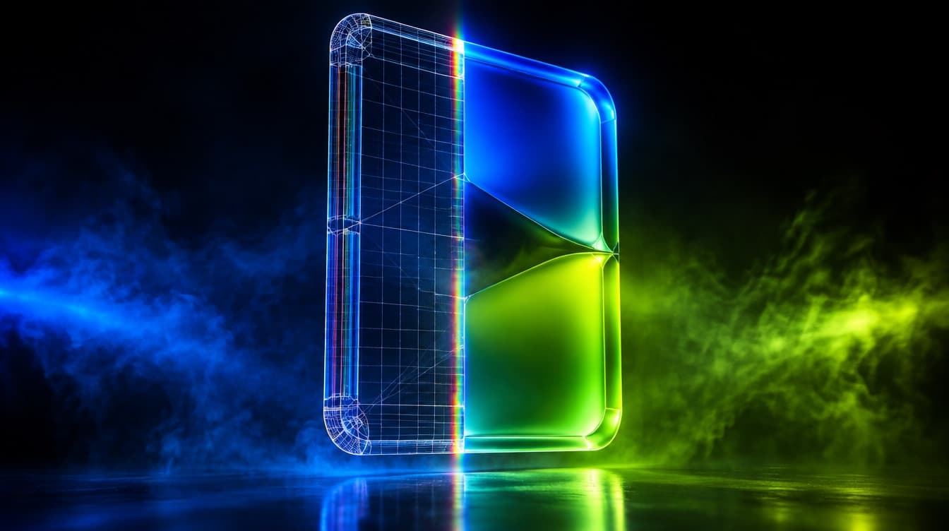 A glass panel split down the middle, the left half showing only its raw wireframe skeleton and the right half fully rendered in saturated colour
