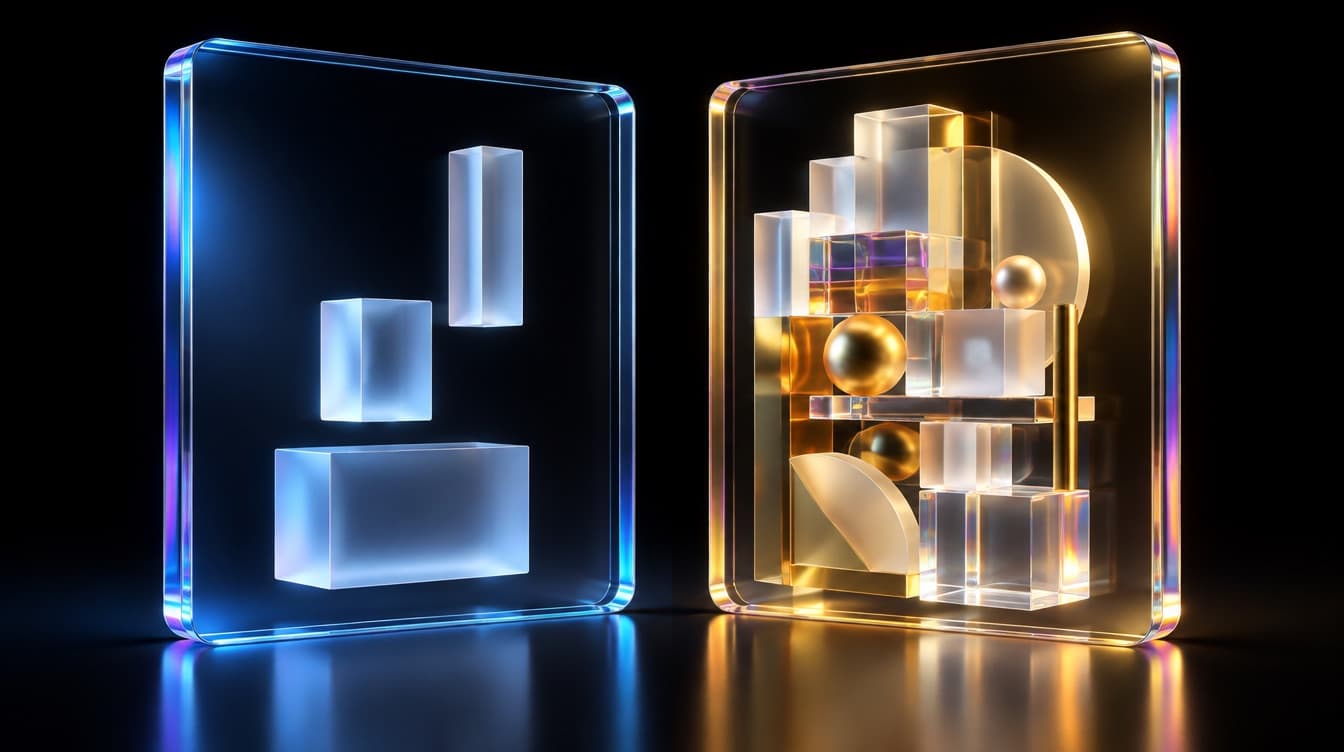 Two identical glass panels, the left holding three pale sparse blocks and the right a dense richly layered composition, both made by the same machine